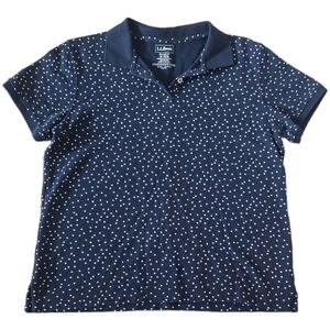 LL Bean Women Navy Blue Polka Dot Cotton Pique Polo Shirt Preppy Relaxed Fit M